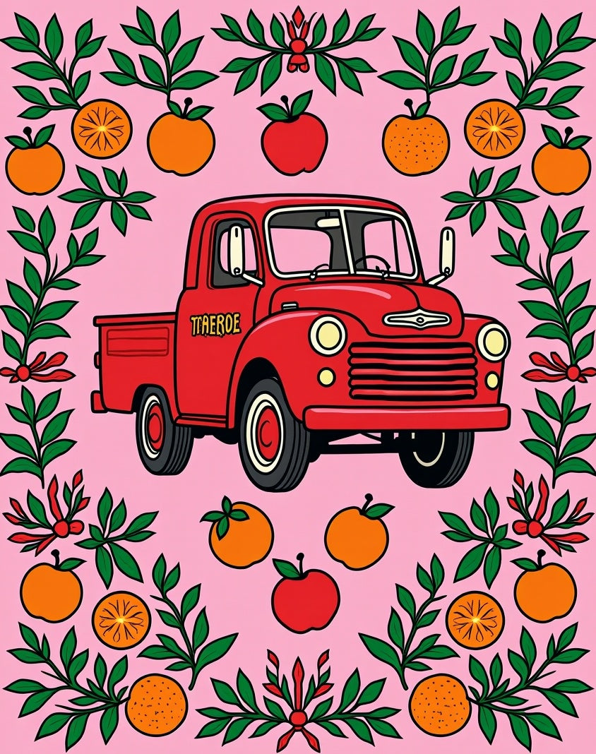 Whimsical Red Truck Fruit Garland Rug
