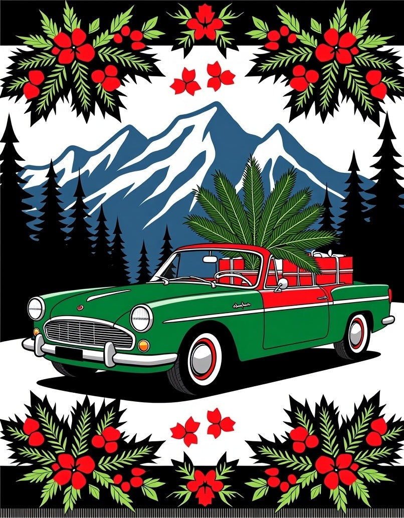 Vintage Red Green Truck Holiday Scene Rug