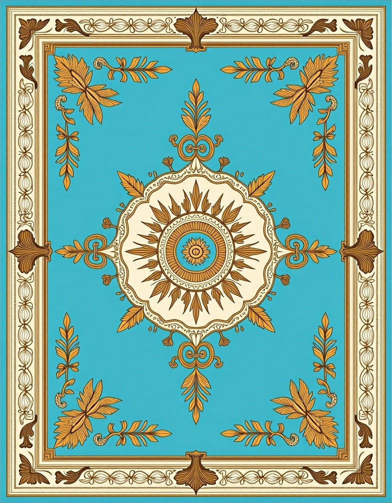 Turquoise Gold Floral Medallion Border Rug