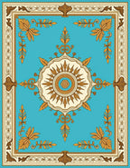 Turquoise Gold Floral Medallion Border Rug