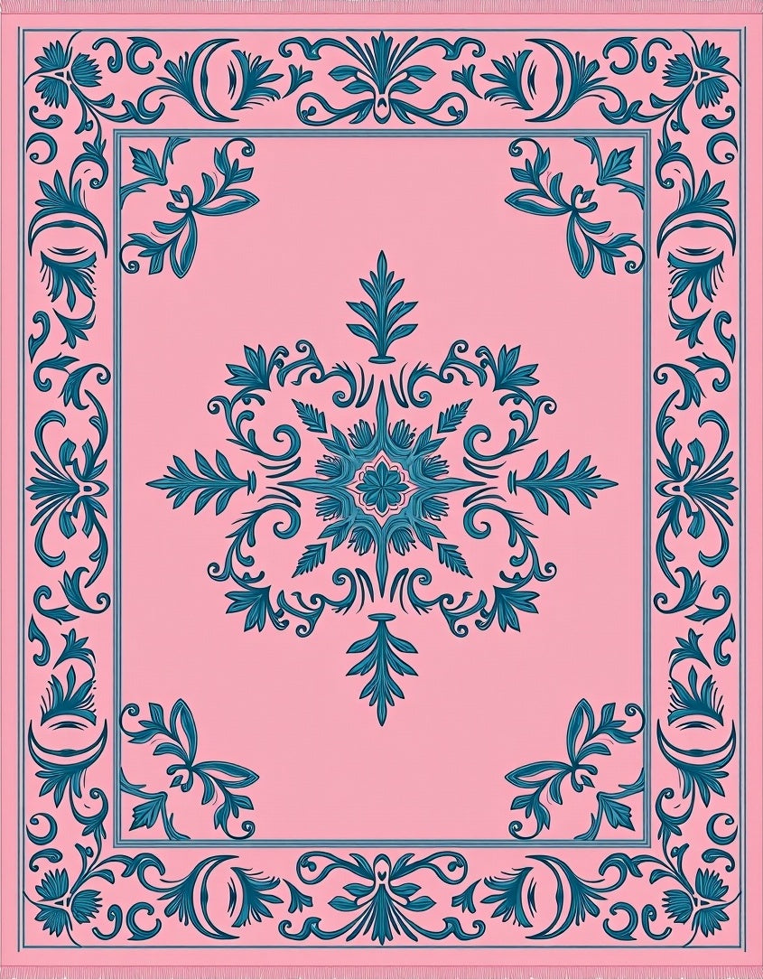 Teal Scrollwork Flourishes Accenting Pink Field Rug