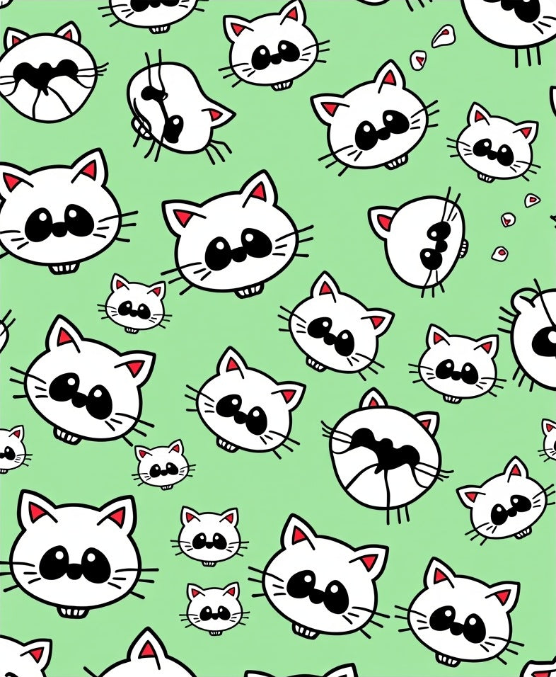 Playful White Cat Heads Light Green Background Rug