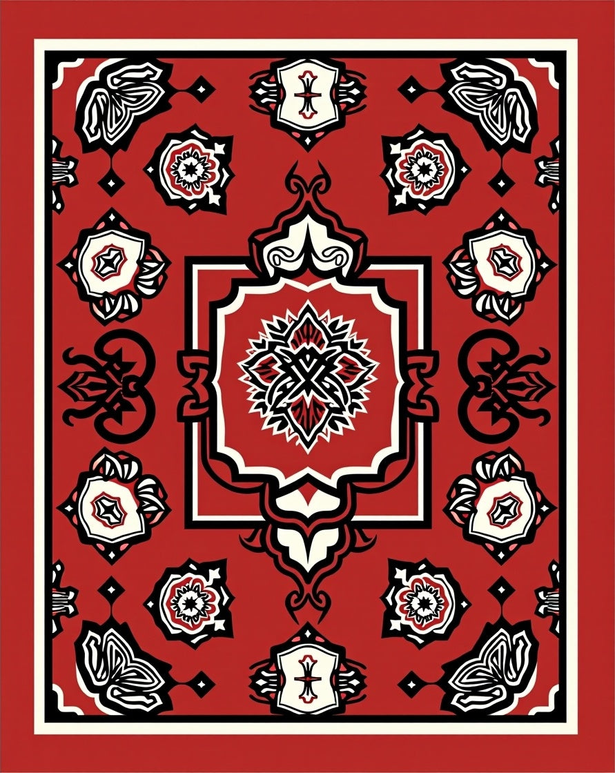 Bold Red Floral Crest Medallion Rug