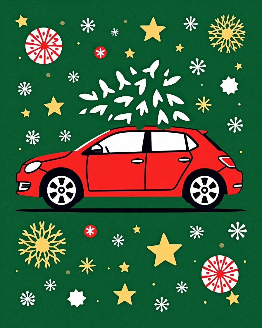 Red Car with Tree Stars Snowflakes Rug