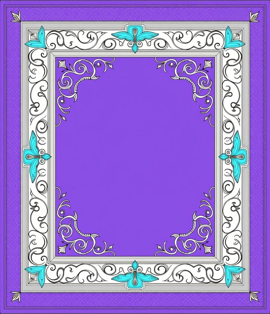 Ornate Purple White Teal Scrollwork Frame Rug