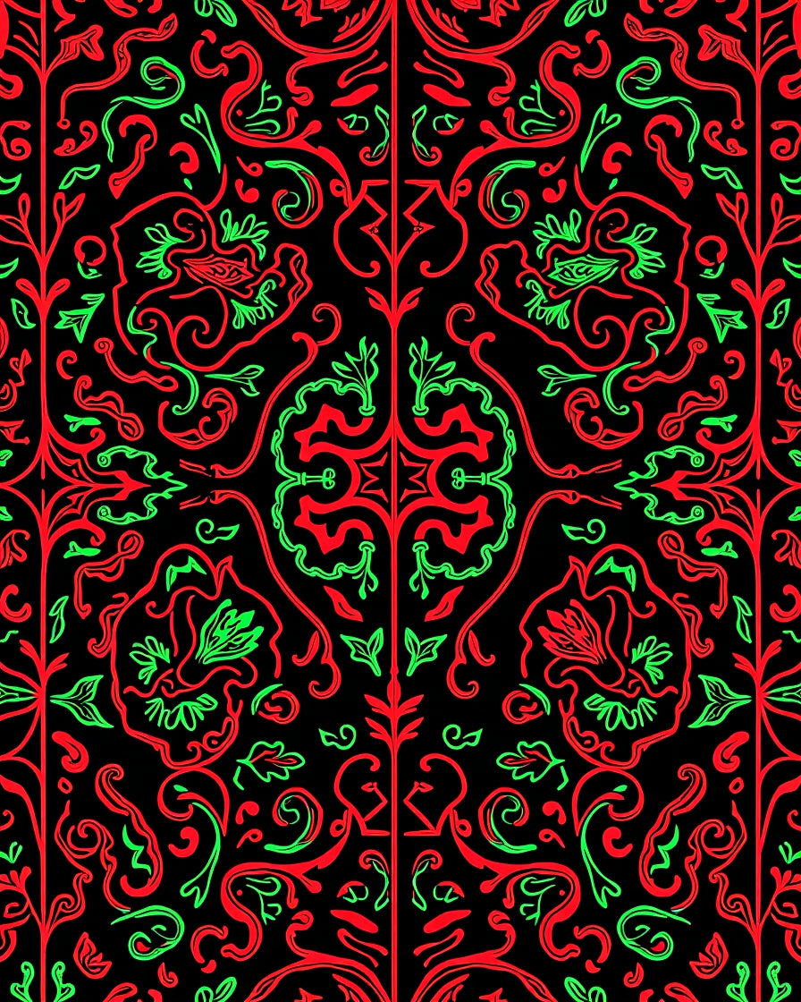 Red Green Floral Swirl Symmetry Rug