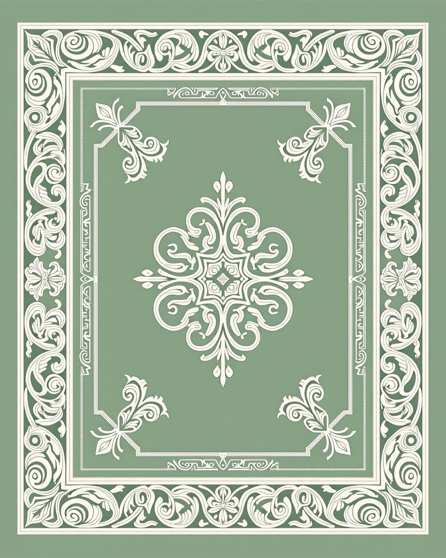 Sage Green Ornate Scrollwork Floral Rug