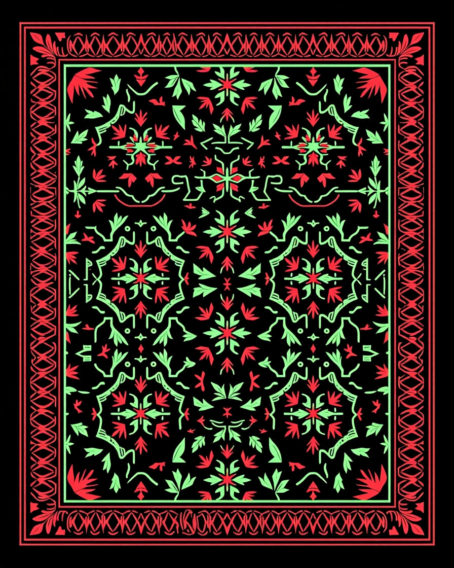 Bold Red Green Floral Medallion Border Rug