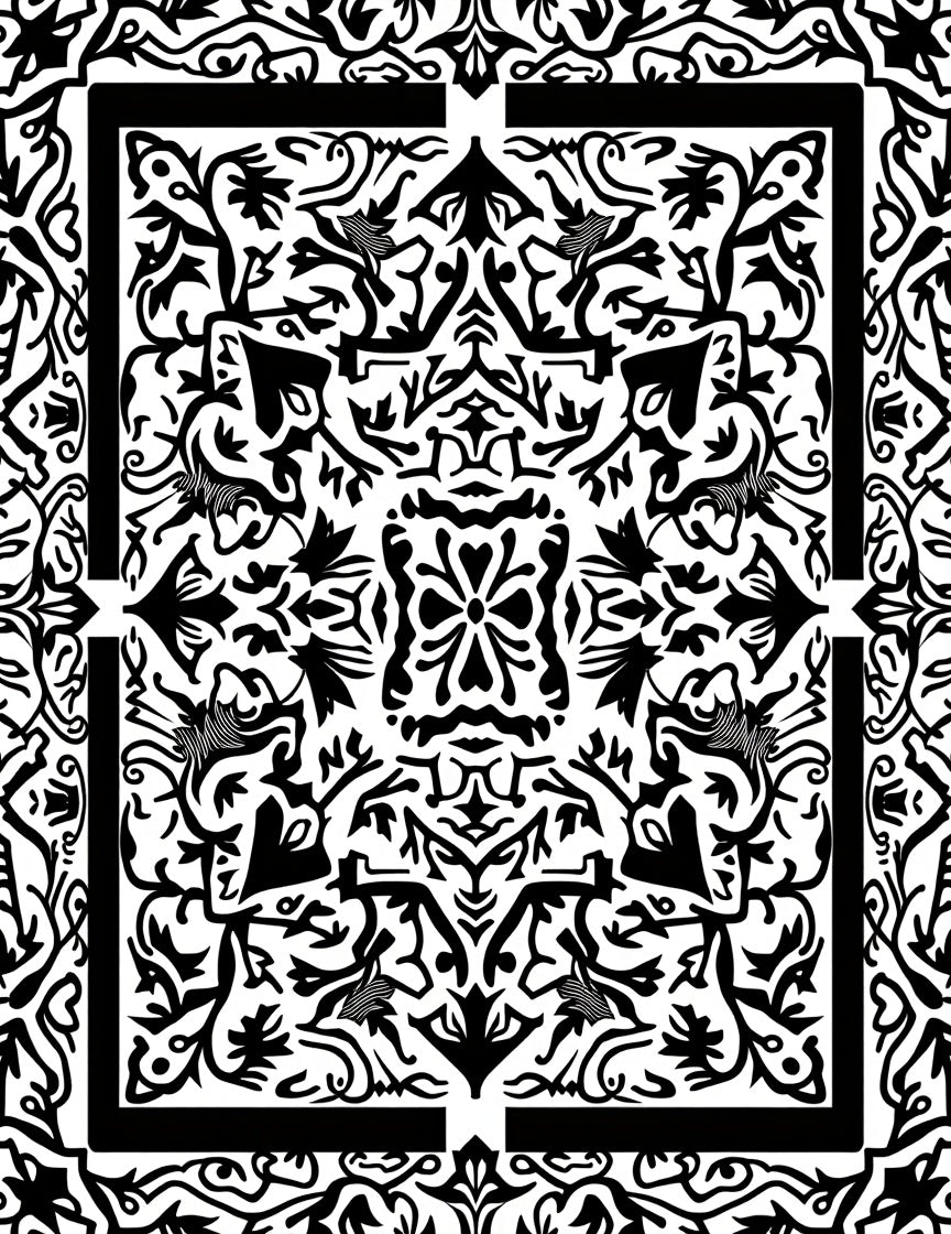 Black White Damask Floral Medallion Rug