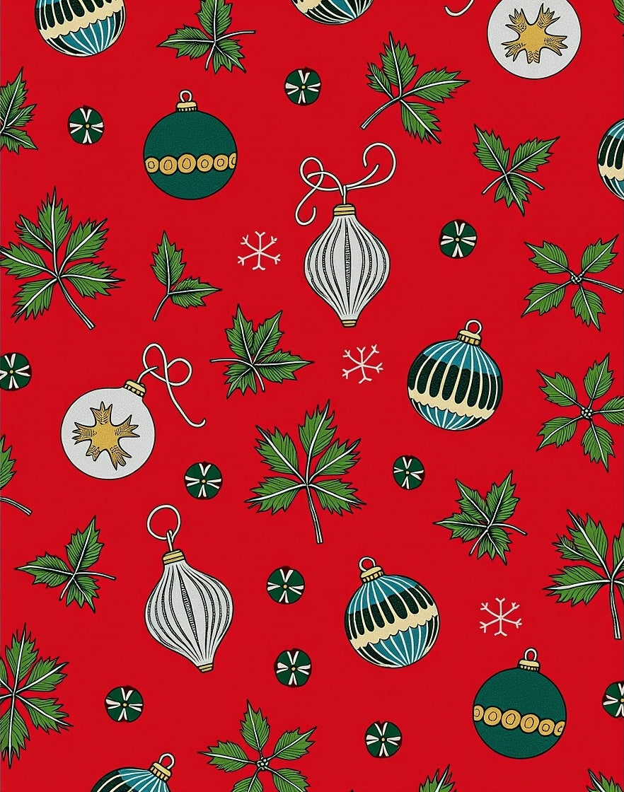 Festive Red Christmas Ornaments and Holly Rug