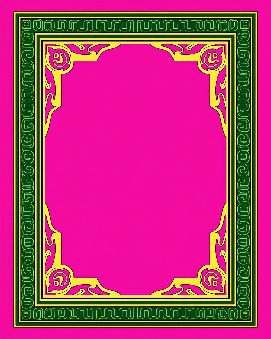 Vibrant Pink Green Yellow Filigree Frame Rug