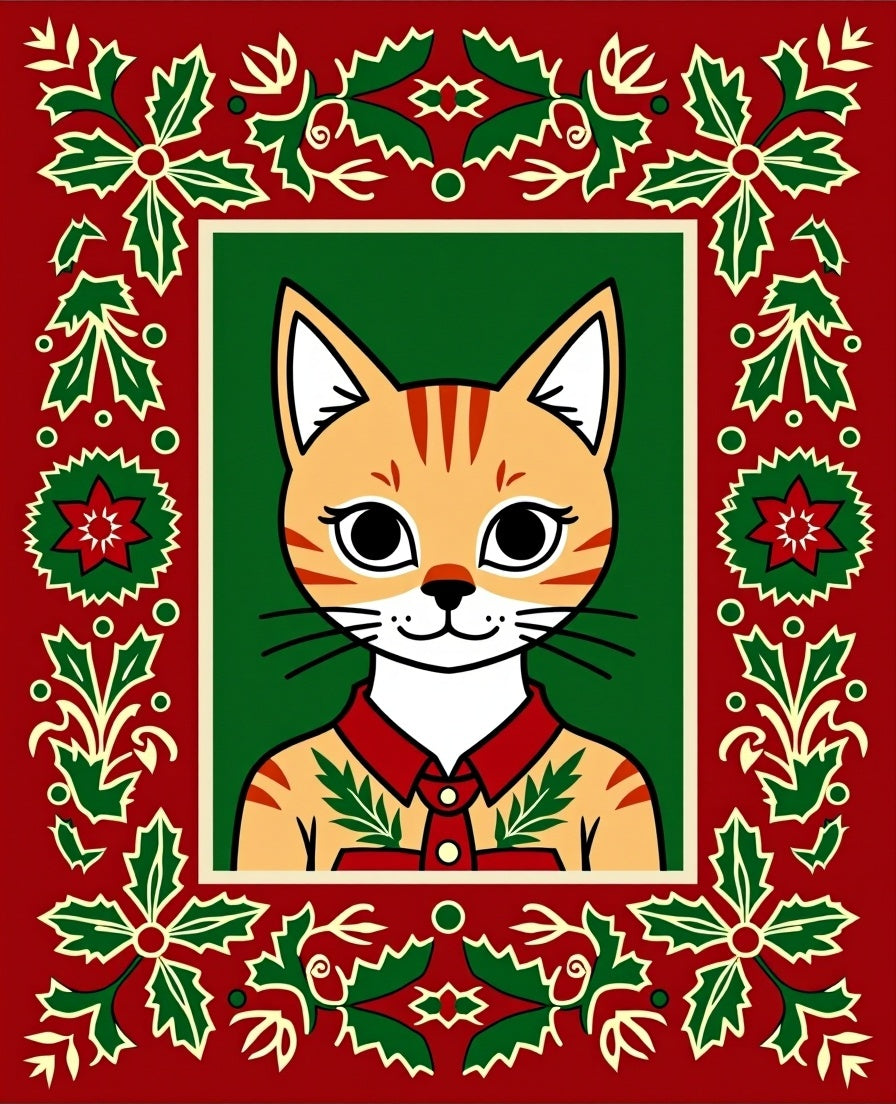 Festive Red Christmas Holly Cat Rug