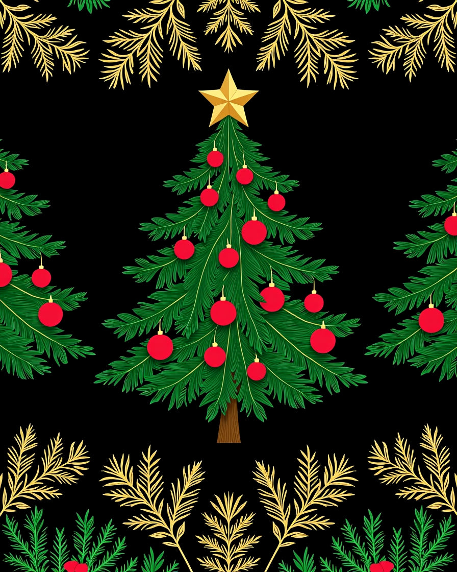 Green Pine Trees With Gold Star And Orbs Rug