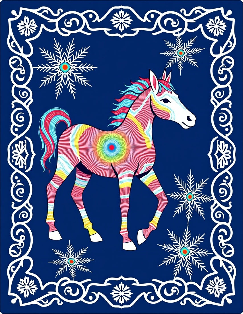 Rainbow Striped Horse Snowflakes Border Rug