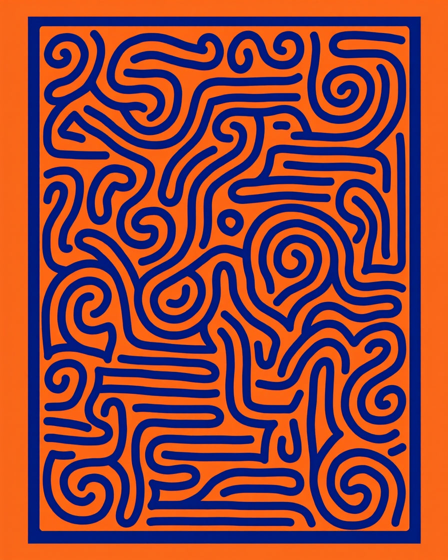 Vibrant Orange Blue Abstract Maze Rug
