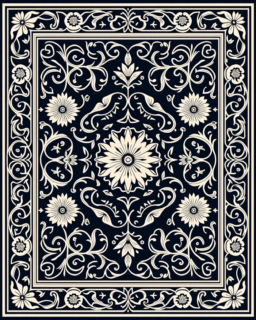 Cream Floral Medallion Navy Rug