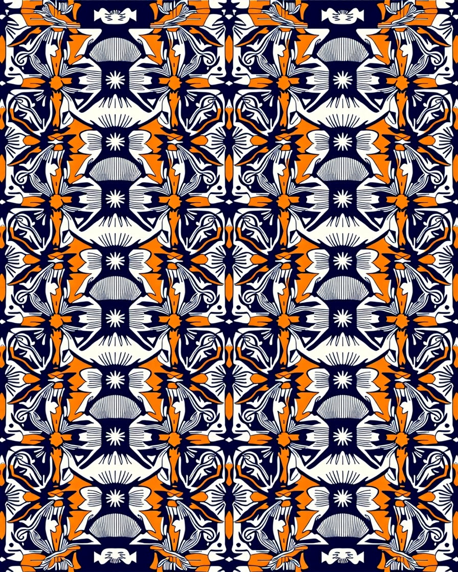 Vibrant Orange Navy Floral Medallion Rug