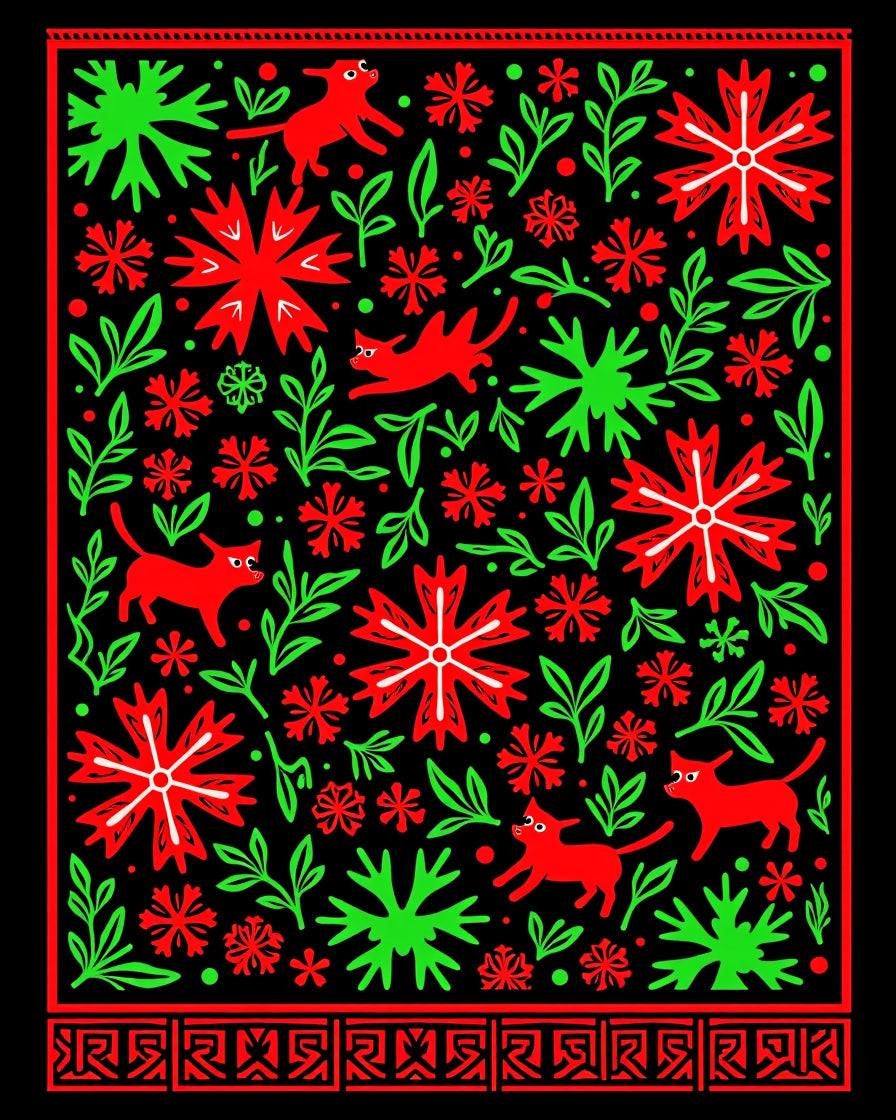 Red Green Feline Floral Medallion Rug