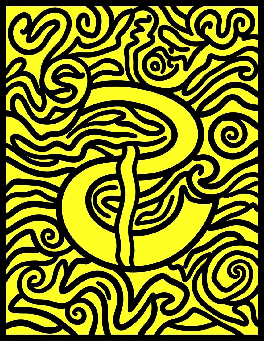 Bright Yellow Black Organic Swirl Rug