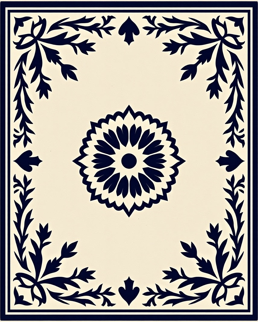 Cream Navy Floral Medallion Border Rug