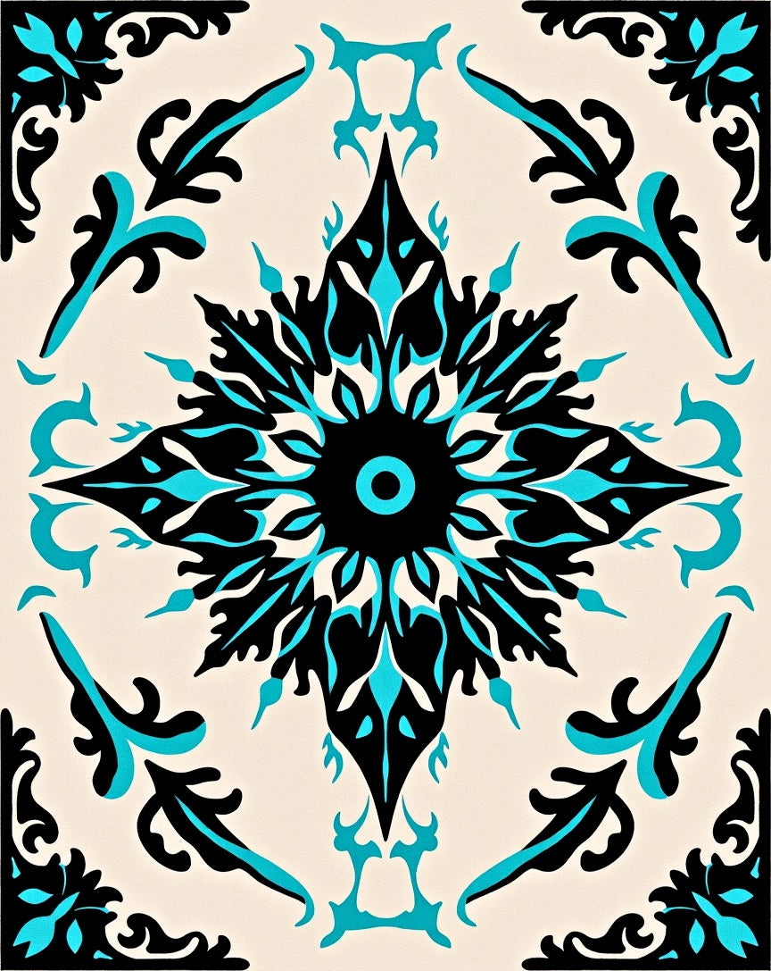 Bold Black Teal Floral Medallion Rug