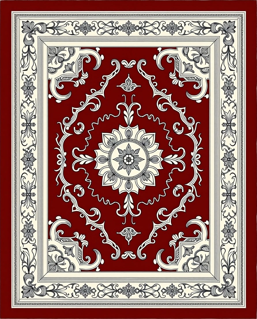Red Ivory Floral Medallion Frame Rug