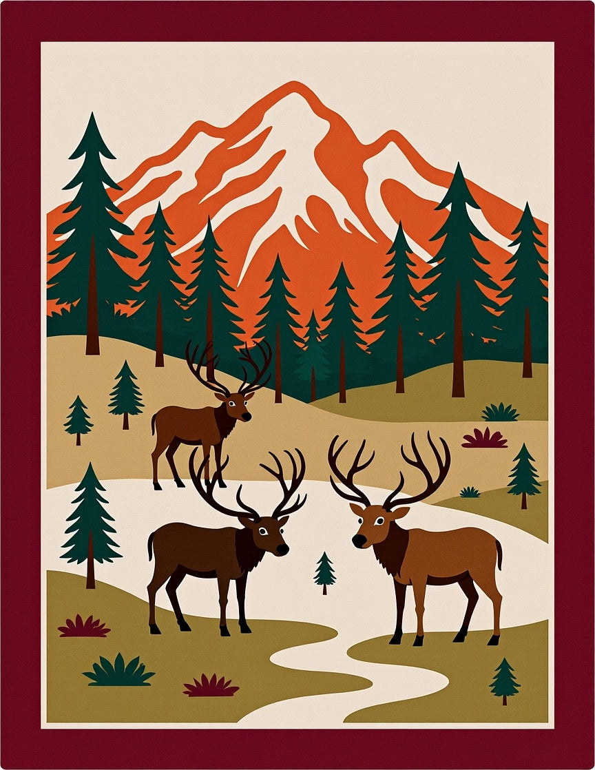 Woodland Elk Majestic Mountain Scene Rug