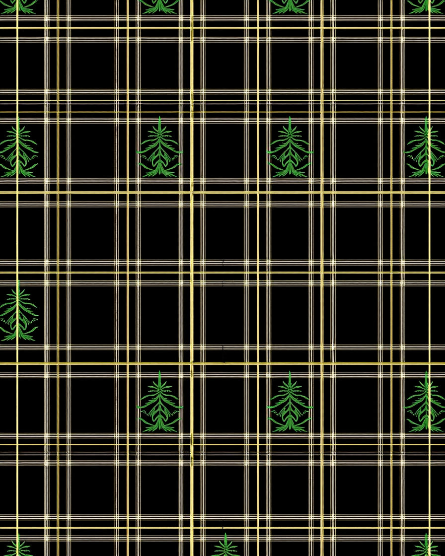 Black Gold Green Plaid Evergreen Tree Rug