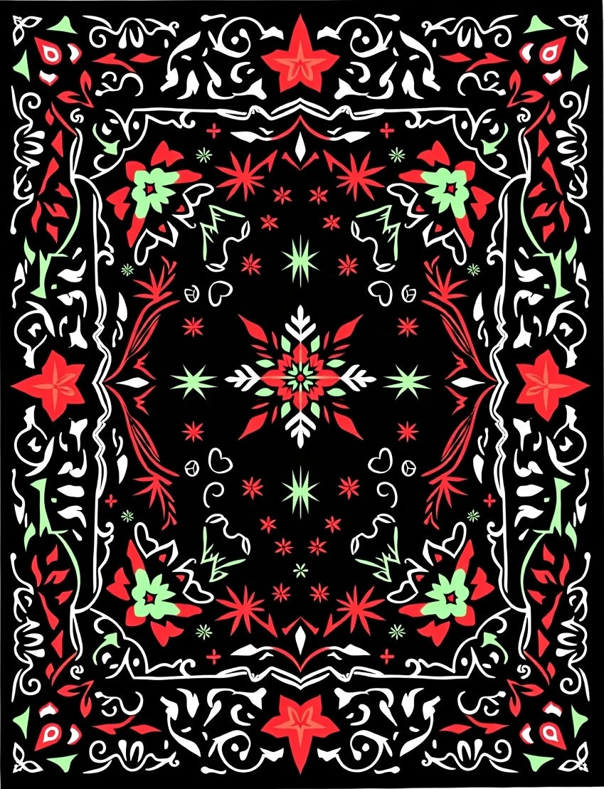Red Green Starburst Medallion Black Rug
