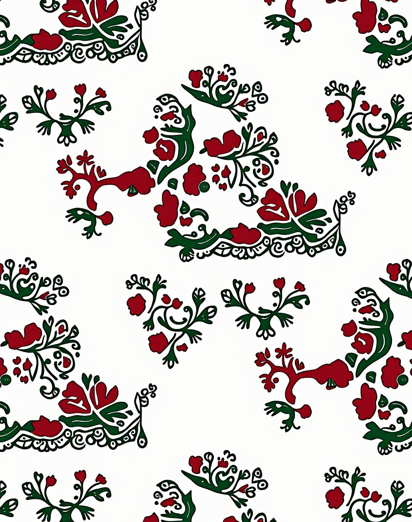Folk Red Green Floral Swirl Rug