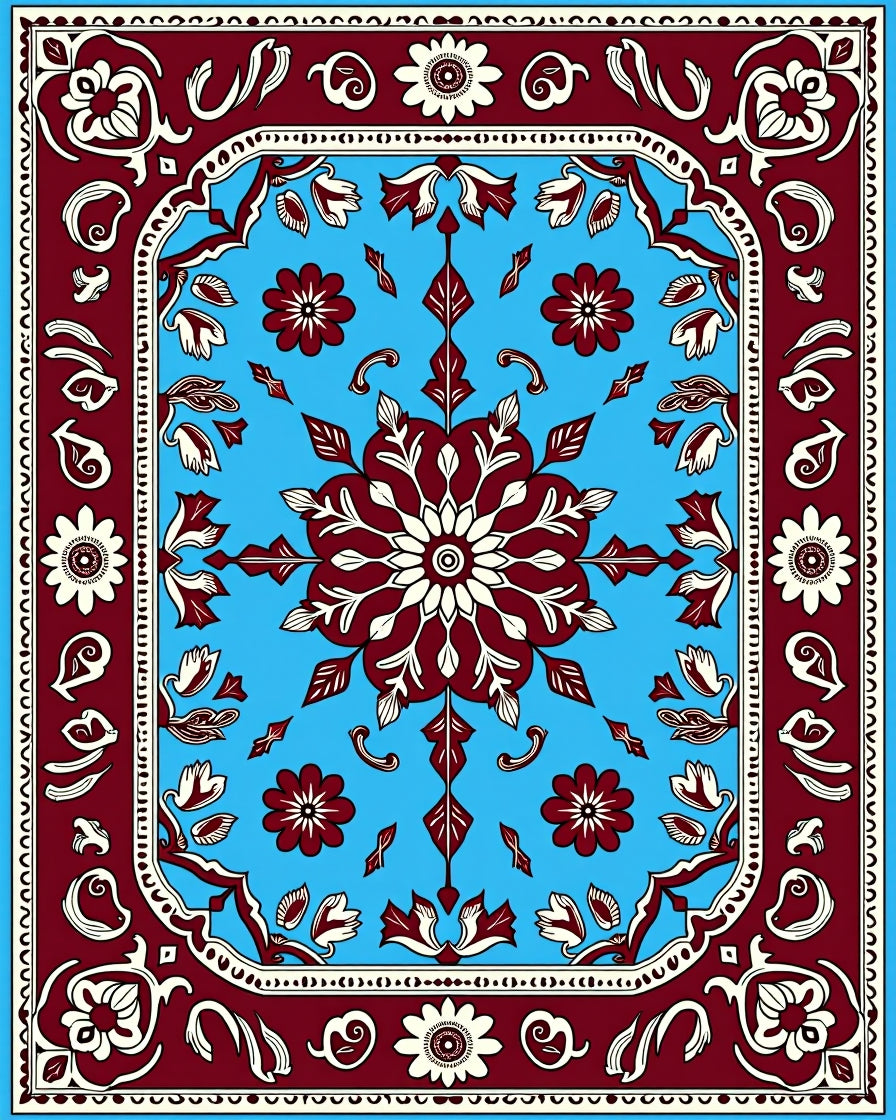 Red Floral Medallion Sky Blue Rug