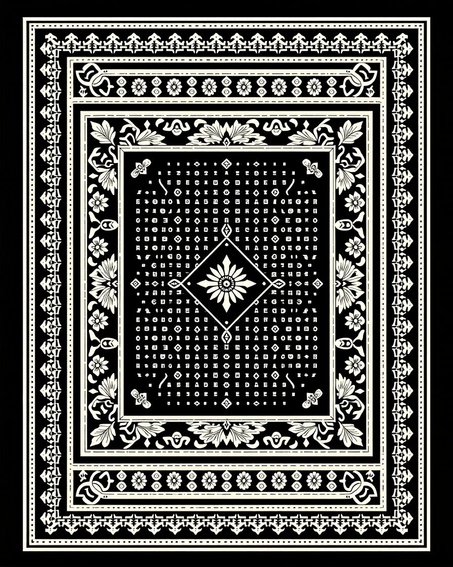 Black Geometric Floral Medallion Border Rug