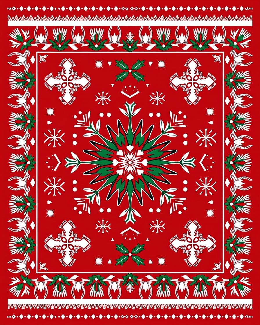 Red White Green Holiday Snowflake Medallion Rug