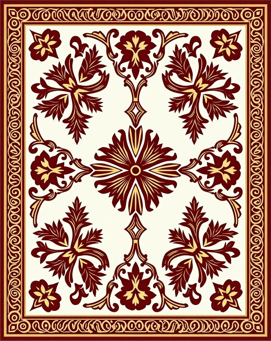 Maroon Gold Floral Medallion Frame Rug