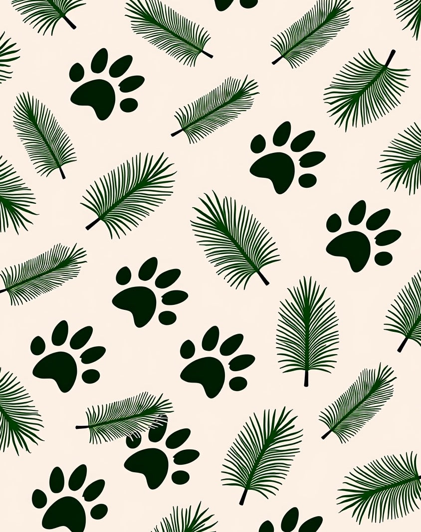 Forest Green Paw Prints Fern Leaves Rug