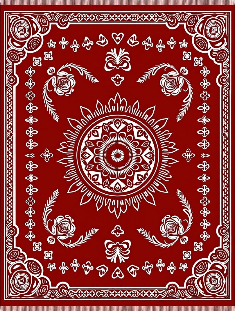 Red White Floral Mandala Border Rug