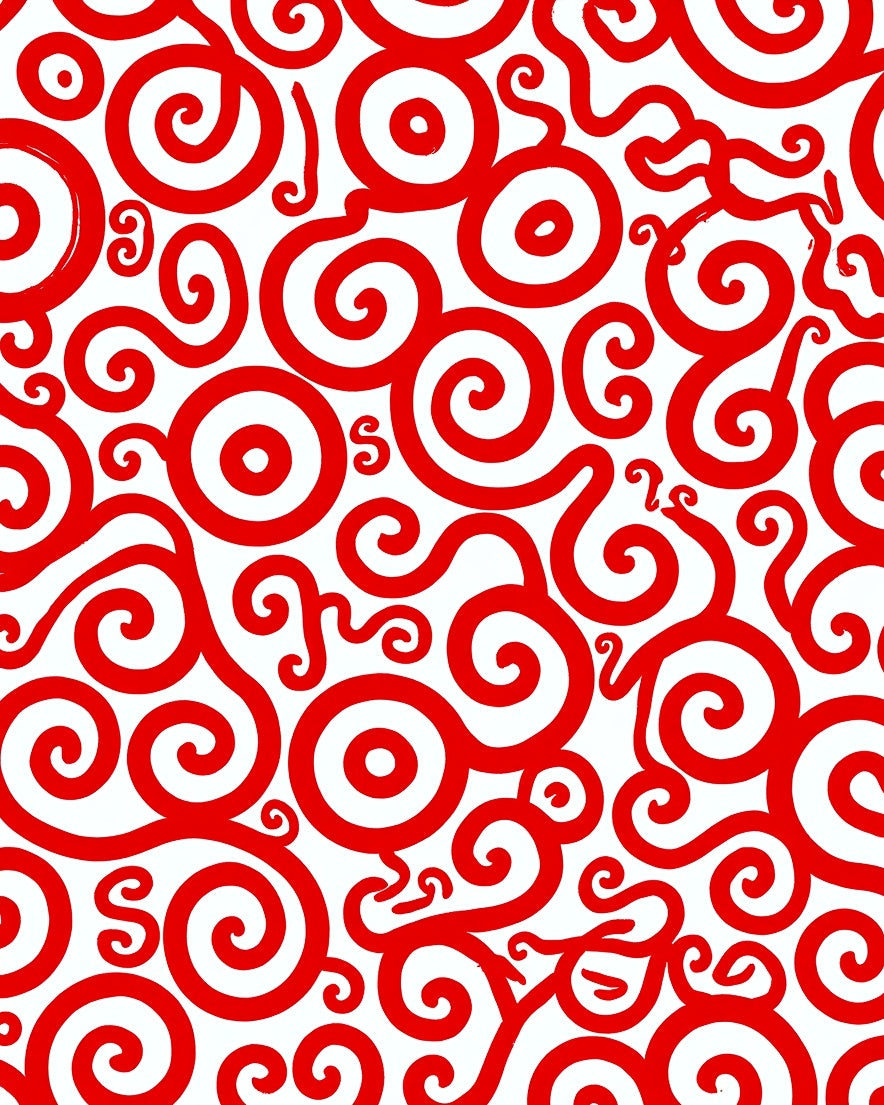 Crimson Coiled Curls Over White Rug