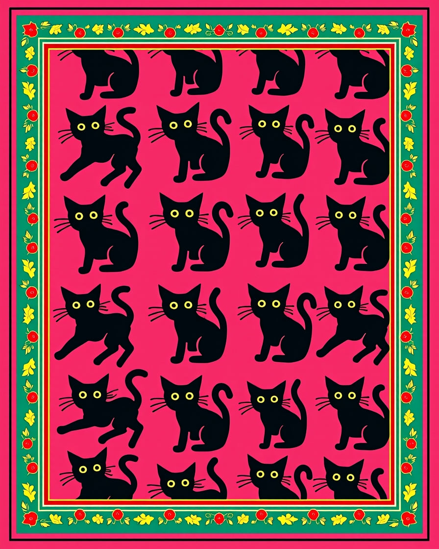 Pink Black Cat Floral Border Rug