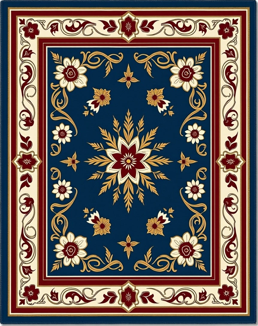 Classic Navy Floral Scroll Medallion Rug