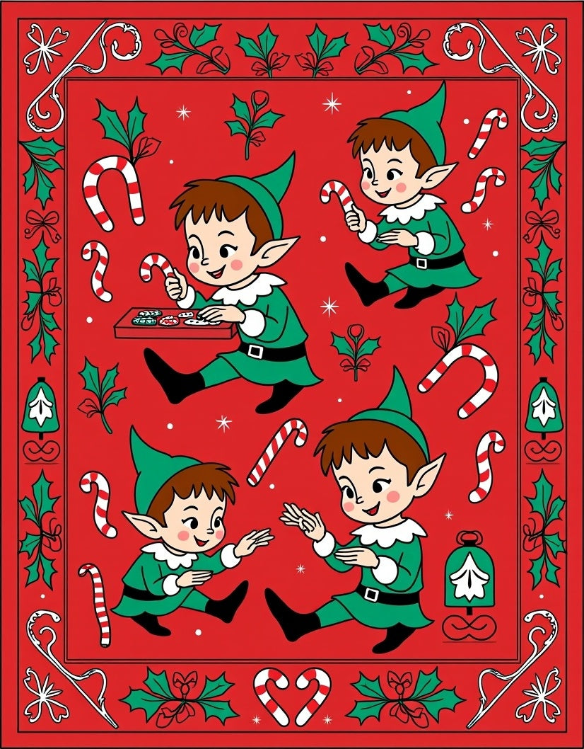 Whimsical Elves Candy Cane Christmas Red Rug