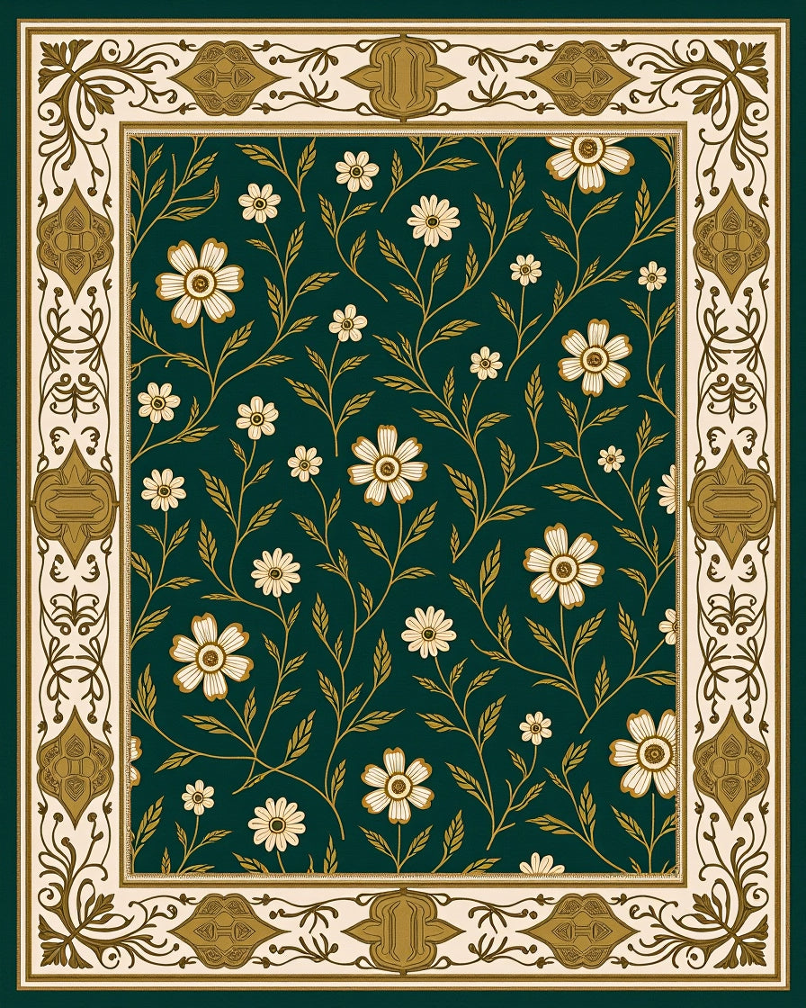 Emerald Green Floral Leaf Vine Rug