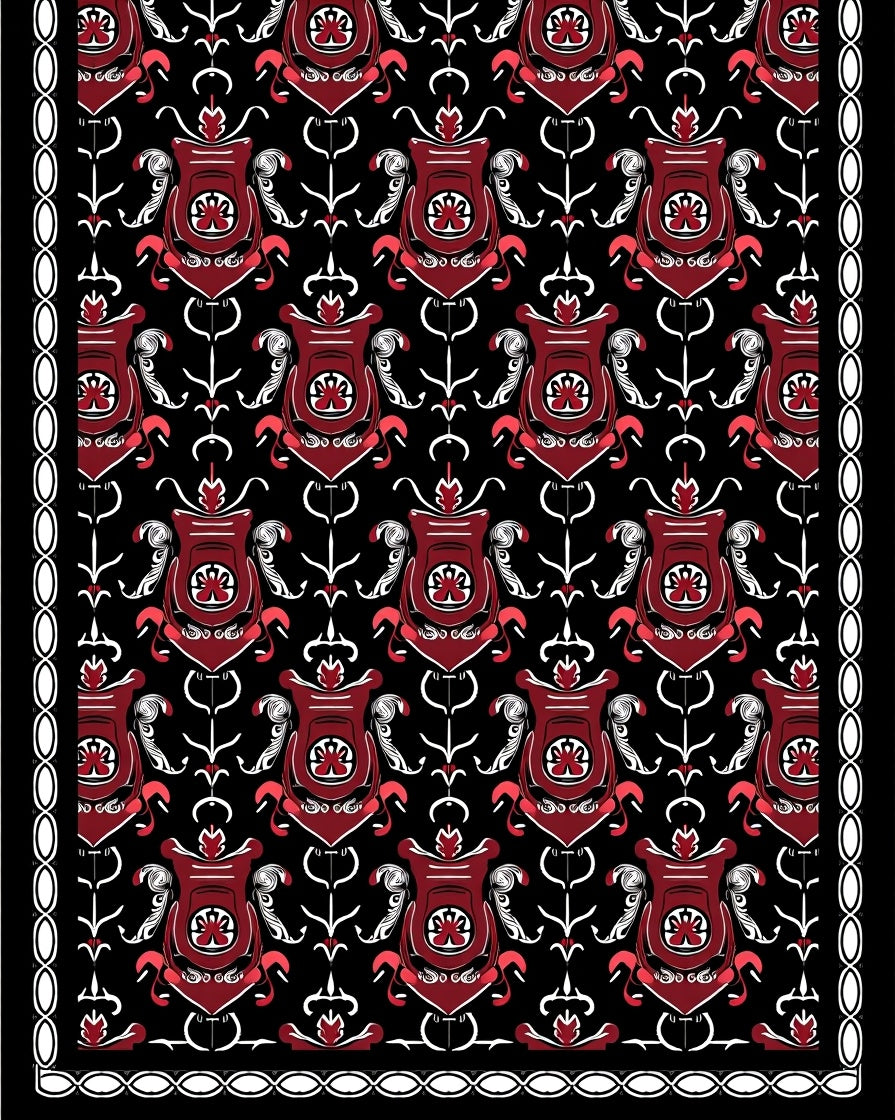 Deep Crimson Shield Floral Damask Rug