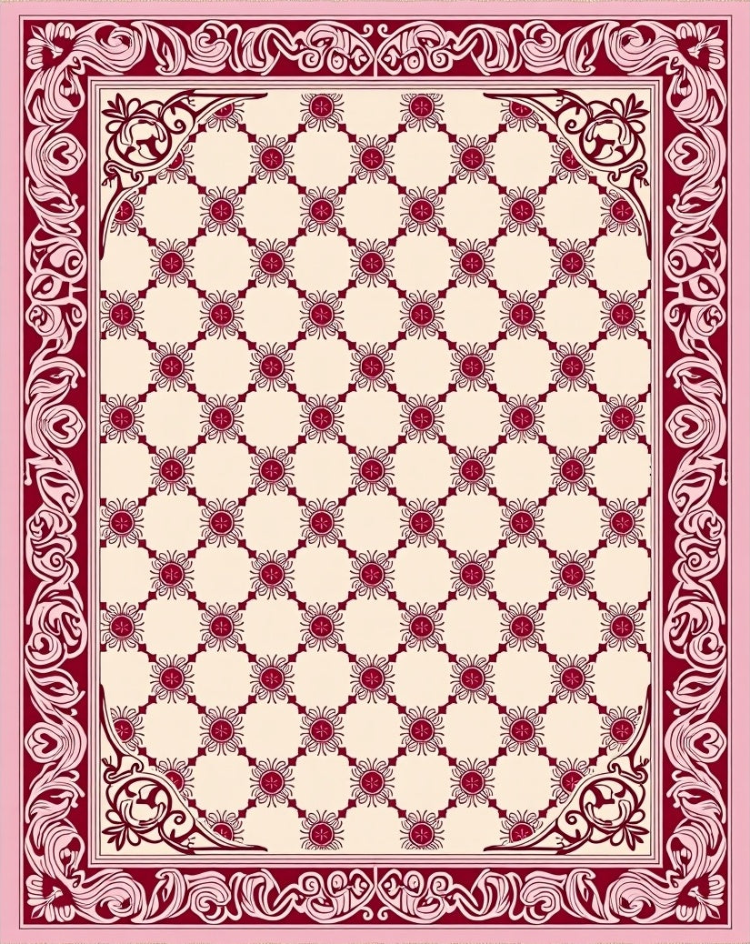 Crimson Floral Lattice Border Rug