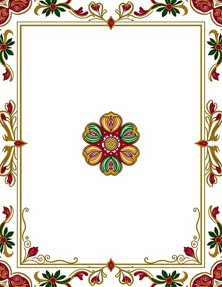 Rich Red Green Golden Floral Frame Rug