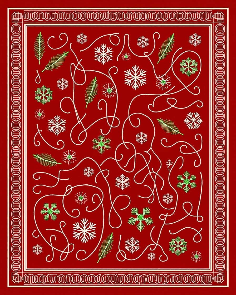 Crimson Snowflake Pine Needle Swirl Rug