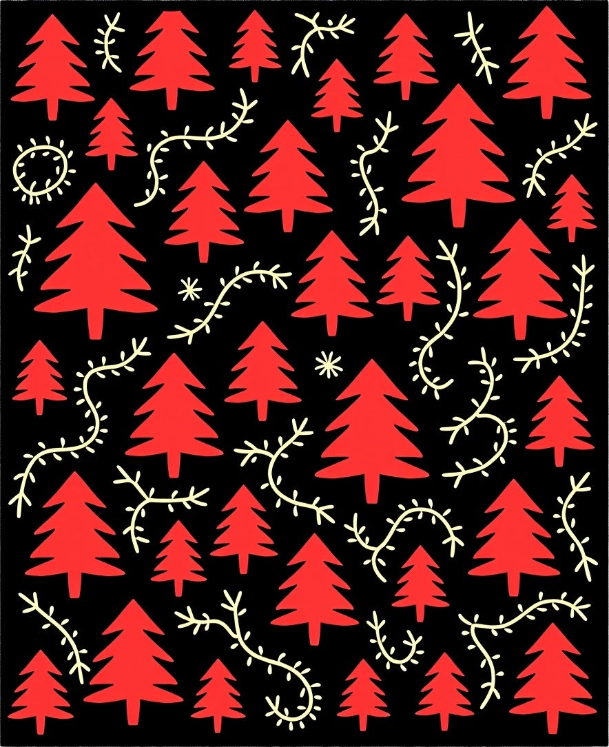 Red Evergreen Branches on Black Rug