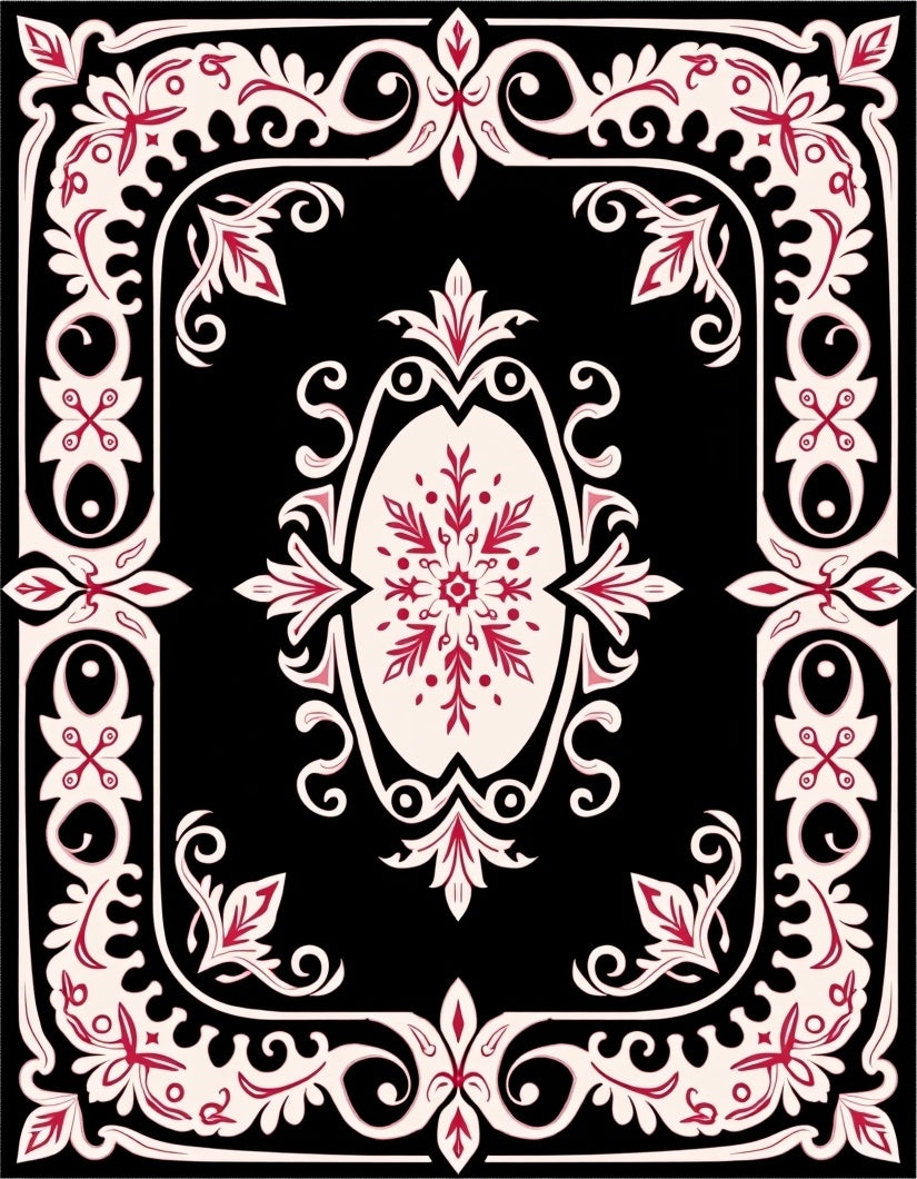 Crimson Floral Medallion Black Cream Rug