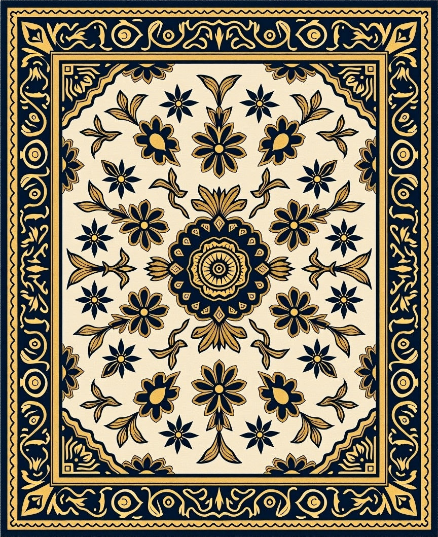 Navy Gold Floral Medallion Square Rug