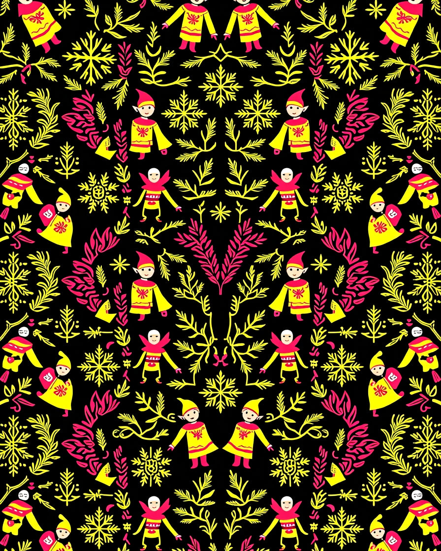Whimsical Figures Yellow Pink Folk Art Rug