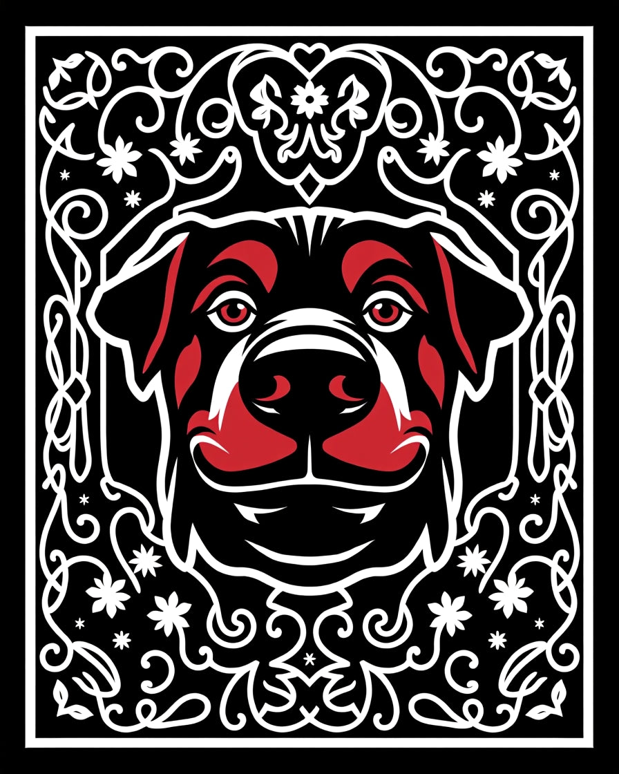Bold Rottweiler Black Red Floral Rug